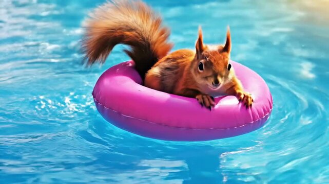 Adorable baby squirrel floats in bright pink inflatable ring on the sparkling surface of clear blue swimming pool or calm body of water, enjoying summe treat
