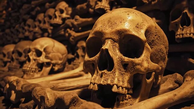 A large skull sits on bones in a dark room with many skeletons.