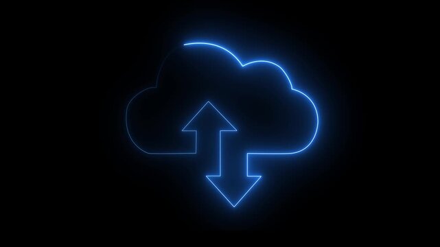 Glowing neon cloud storage with arrows, looped animation. Cloud space and technology, data backup icon. Blue color icon on black background .