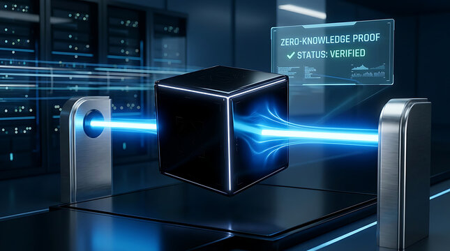 Zero-knowledge proof data security concept featuring a digital cube verified by laser light within a high-tech server facility infrastructure