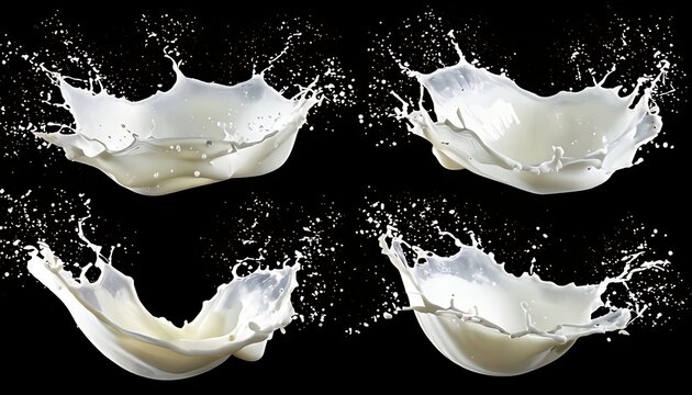 A collection of cream or milk splashes against a white backdrop