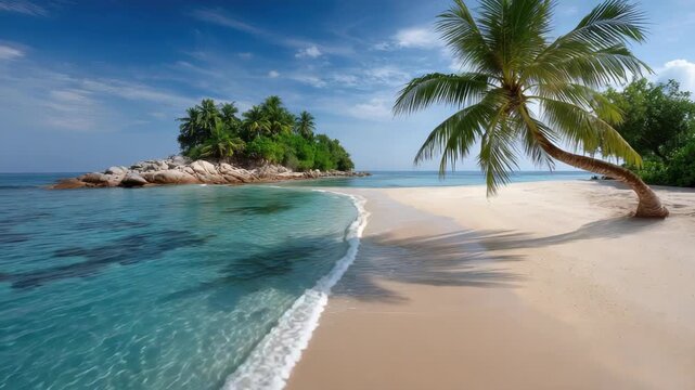 Seychelles island offering perfect tropical escape, white sand beach with turquoise ocean waters, lush palm trees framing a serene paradise for travel and vacation