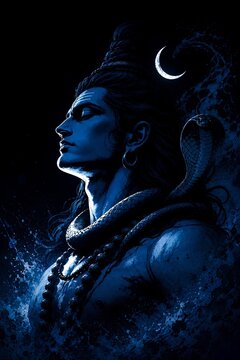 Divine portrait of Lord Shiva in deep meditation against a cosmic galaxy sky and majestic