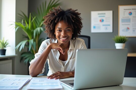 An African American woman working at her office desk with a laptop and medical coding spreadsheets.