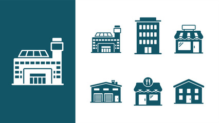 Fototapeta premium Teal city buildings icon set featuring hospital, office high-rise, storefront, garage, bakery and residential building. Flat vector illustration EPS 10.