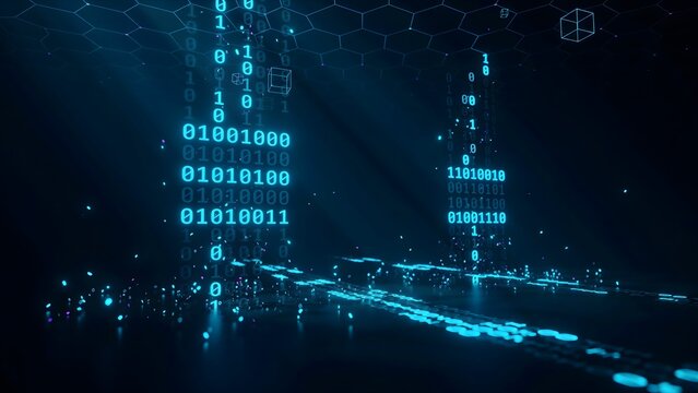 Cascading binary streams in digital data space &ndash; Perfect for coding tutorials, cybersecurity websites, or information technology.