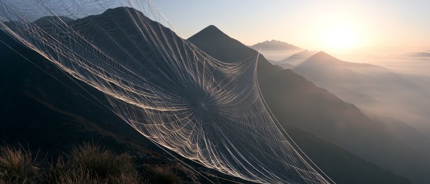 Spider web stretches across mountain peaks during sunrise in a misty landscape