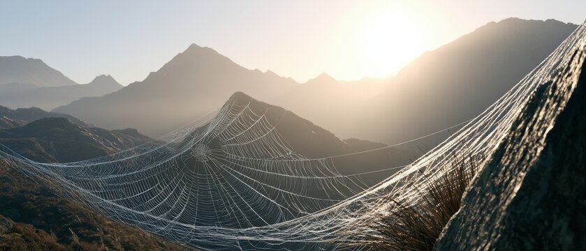 Large spider web stretches across mountains at sunrise with sun casting light over the landscape