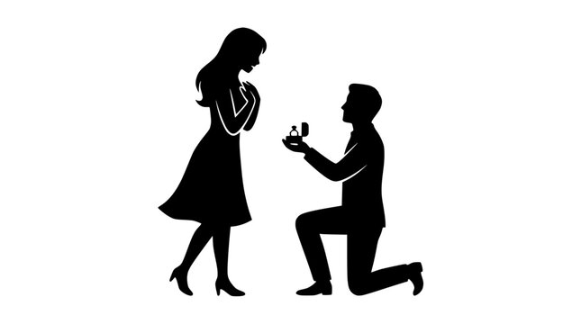 Silhouette of man proposing marriage woman