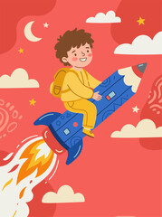 Naklejka premium Happy Kid Riding a Rocket for Back to School Adventure