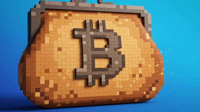 Pixel bitcoin wallet animation: cryptocurrency finance and digital asset concept pixel blockchain digital currency