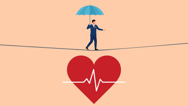 Businessman walking tightrope with umbrella above heart symbolizing health risks