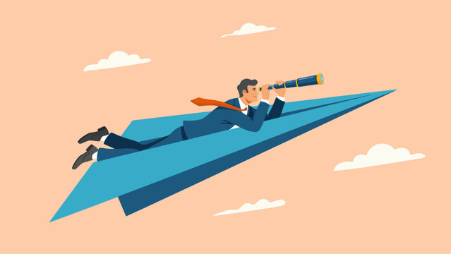 Illustration of a businessman flying on a paper airplane while using a telescope