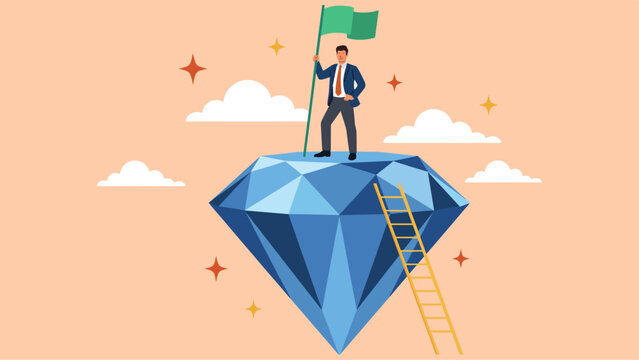 Illustration of a businessman on a giant diamond holding a flag symbolizing success