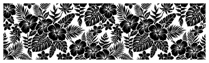 Hibiscus flowers and tropical palm leaves seamless pattern in black and white botanical style © Tomas