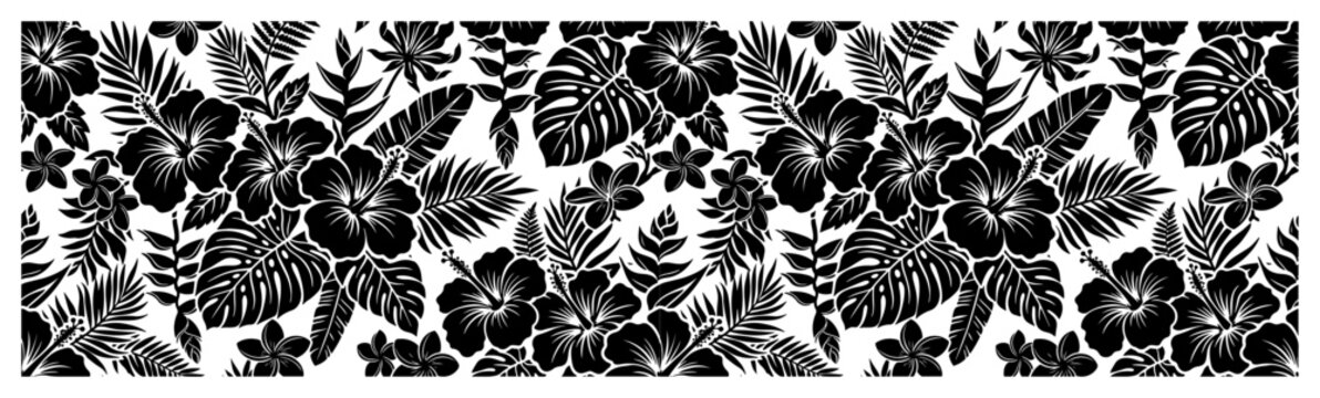 Hibiscus flowers and tropical palm leaves seamless pattern in black and white botanical style