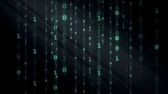 Volumetric green binary digits in dark space &ndash; Ideal for code decryption, digital forensics, or hacking prevention campaigns.