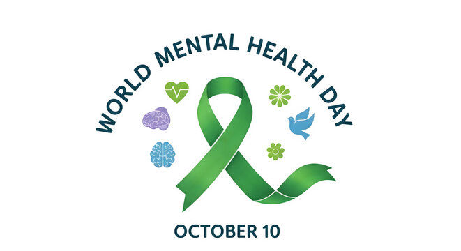 World mental health day awareness green ribbon isolated on transparent background