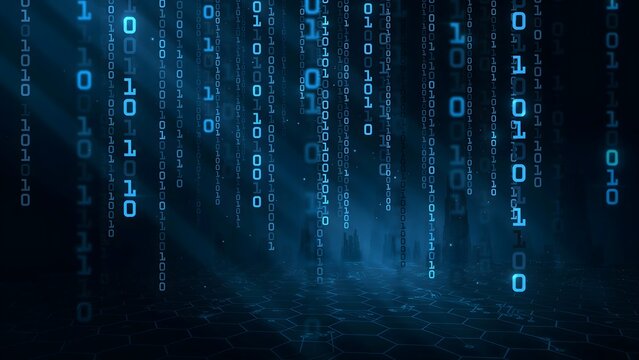 Cyber environment with columns of blue binary digits &ndash; Perfect for metaverse backgrounds, cloud architecture, or digital security networks.