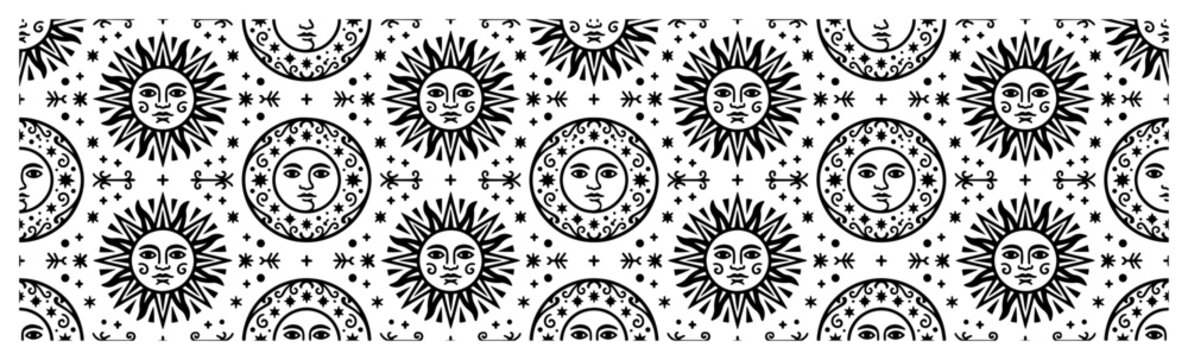 Celestial sun and moon faces with mystical stars in occult linework pattern
