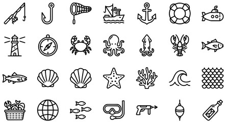 Fishing and Seafood Line Icon Set of 32 Thin Outline Marine and Nautical Vector Icons © Pngmango.com