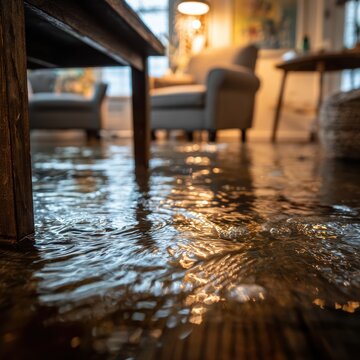 Stunning photo of Water flooding a residential living room floor with warm light reflecting off the surface.