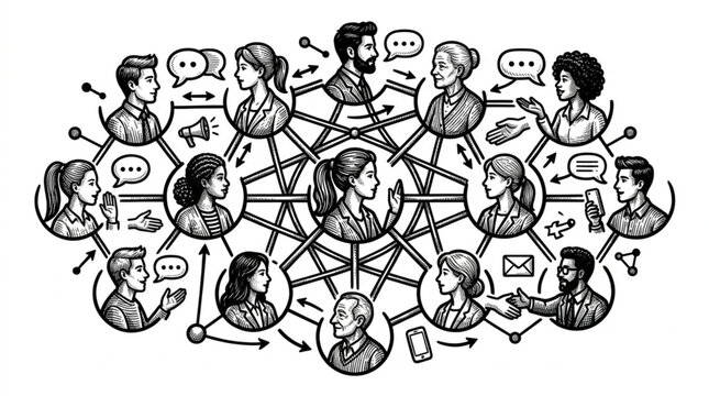 Diverse group of people connected in a network illustration.