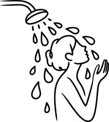 Obraz premium Line art illustration of a woman taking a shower, minimalist drawing of a person washing face under a shower head, simple continuous line style, relaxing selfcare concept