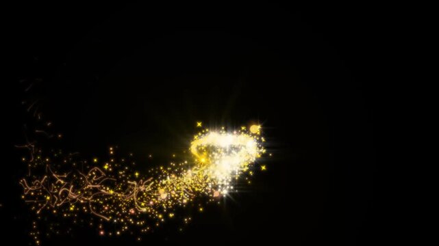 Abstract golden glitter bokeh background, magic fairy dust trail, gold sparkling star line effect, glowing shimmer particle burst, luxury comet tail animation on black background, 4K video