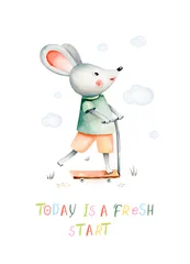 Watercolor hand-drawn whimsical illustration of mouse riding scooter with affirmation. Ready for print poster for nursery © kris_art