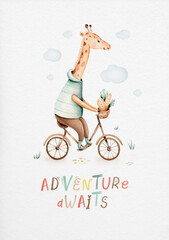 Obraz premium Watercolor hand-drawn whimsical illustration of giraffe riding bike with affirmation adventure awaits. Ready for print poster for nursery