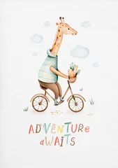 Watercolor hand-drawn whimsical illustration of giraffe riding bike with affirmation adventure awaits. Ready for print poster for nursery © kris_art