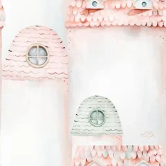 Seamless watercolor pattern children's book illustration, a quaint little house, whimsical hand-drawn building repeating background © kris_art