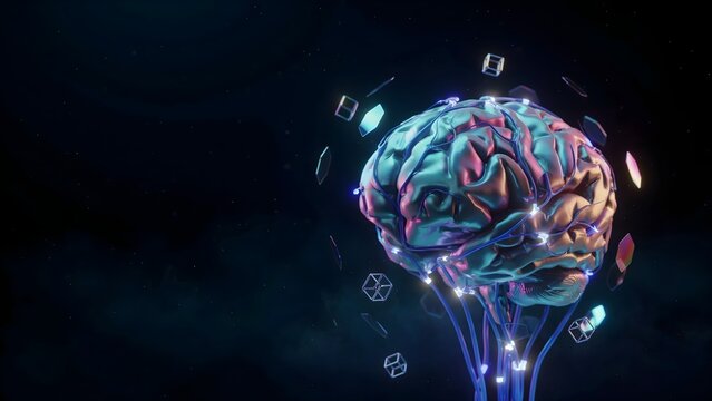 Holographic brain with orbiting geometric data &ndash; Ideal for computer memory concepts, data science, or virtual intelligence layouts.