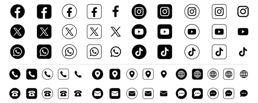 Social media logo and contact icon set with Facebook, Instagram, X, YouTube, WhatsApp, TikTok, call, message, location, website and globe symbols vector
