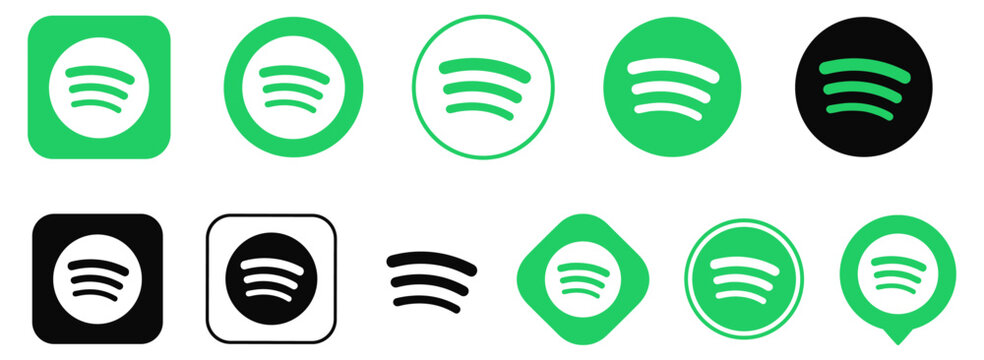 Spotify streaming music app icon set in multiple styles with logo symbols, online listening buttons, mobile media badges and vector graphics