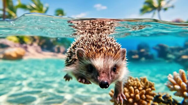 Cute hedgehog swimming in clear blue ocean with coral at bottom. Funny small animal underwater. Concept of unique water animal in exotic tropical nature scene.