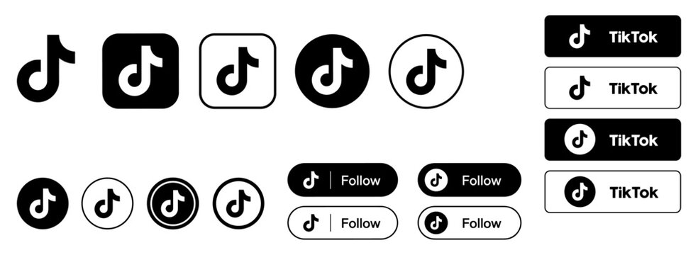 TikTok logo icon and button set with social media app symbols, mobile video platform badges, flat network interface signs and vector illustration