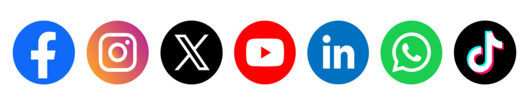 Social media logo circle buttons collection 2026, Instagram Facebook X YouTube LinkedIn WhatsApp TikTok vector icon set