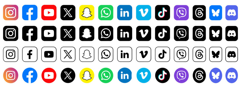 Social media icons 2026 vector collection with Instagram, Facebook, YouTube, X, Snapchat, WhatsApp, LinkedIn, TikTok, Threads, Bluesky and Discord logos