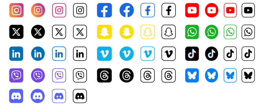 Social network circle icons 2026 with Instagram Facebook YouTube X WhatsApp LinkedIn TikTok Vimeo Viber Threads and Discord vector collection