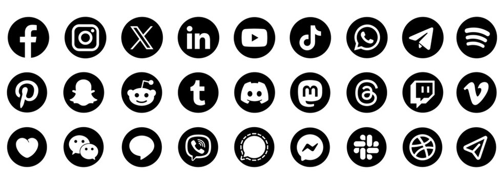 Black and white social media icon set vector with Facebook, Instagram, X, LinkedIn, YouTube, TikTok, WhatsApp, Telegram, Spotify and app logos