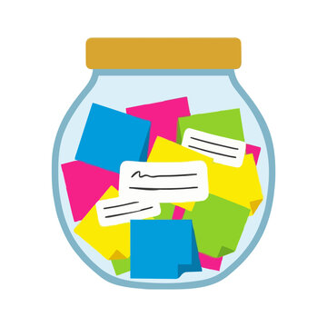 Flat vector illustration of a glass gratitude jar filled with rolled paper notes for positive affirmation