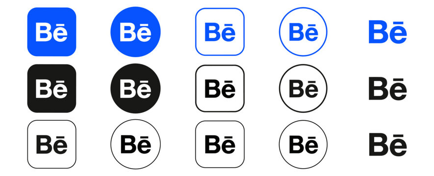 Behance logo icon set 2026 for creative portfolio social network, blue black white app symbols in square and round vector style