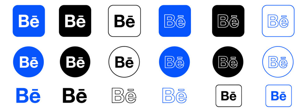 Behance brand logo icons for portfolio website and creative social media network, blue black white outline app icon vector set