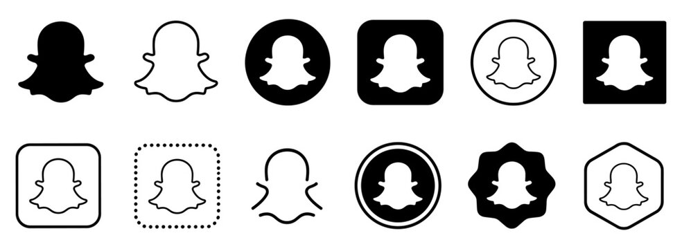 Black Snapchat logo icon set with ghost app symbol, social media button collection, transparent PNG style and vector illustration
