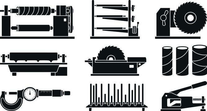 Paper Core and Tube Cutting Industrial Machinery Black Silhouette Icon Set with Manufacturing Equipment