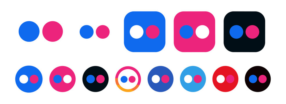 Flickr app icon bundle with photo sharing logo variations, social network symbols, branding elements and digital media design vector illustration