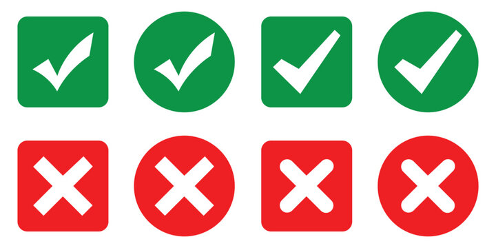 Green check mark, cross icon set with circular and square outline checkbox tick symbols, flat isolated vector . Check tick mark icon set. Cross box x check mark checkbox list vector. checklist symbol 
