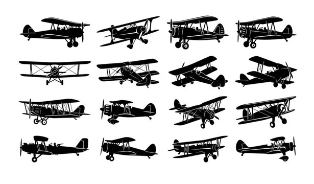 Classic biplane airplane silhouette vector set with vintage aviation aircraft black isolated clipart on white